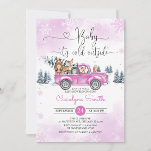Winter Woodland Pink Truck Baby Shower Invitation