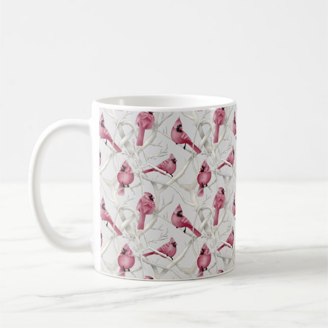 Winter Woodland Red Cardinal Birds Pattern Coffee Mug (Left)