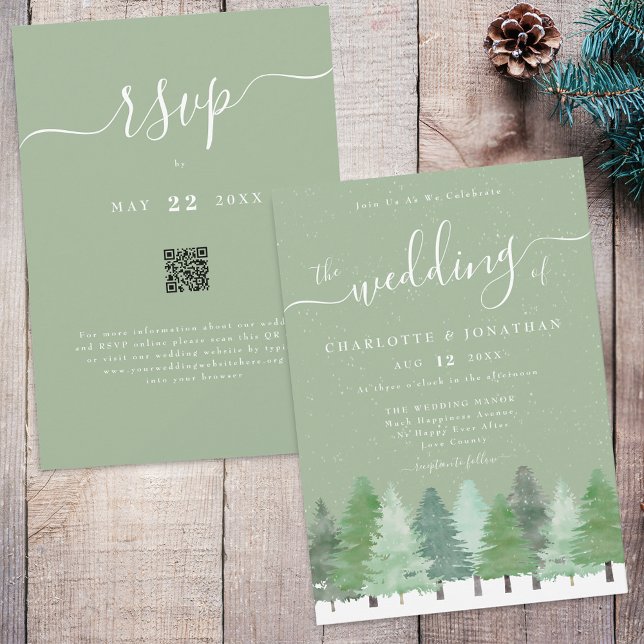 Winter Woodland Sage Green Wedding QR Code Invitation (Winter Woodland forest watercolor sage green and white wedding qr code invitation)