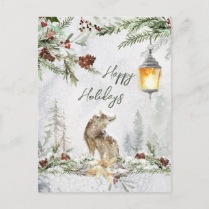 Winter woodland scene, wolf Christmas Postcard