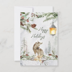 Winter woodland scene, wolf Flat Card