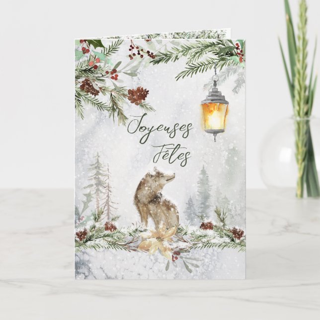 Winter Woodland Scene Wolf French Christmas Card (Front)