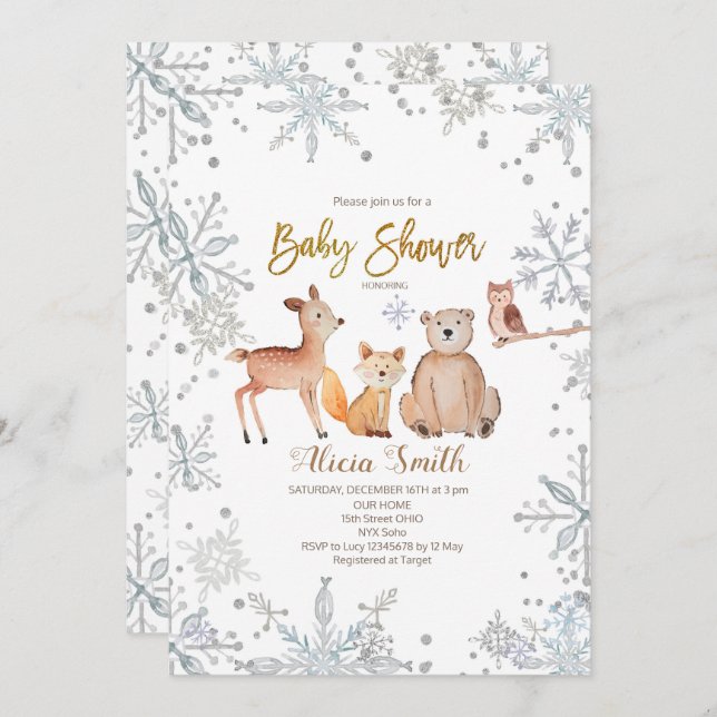Winter Woodland Silver Baby Shower Invitation (Front/Back)