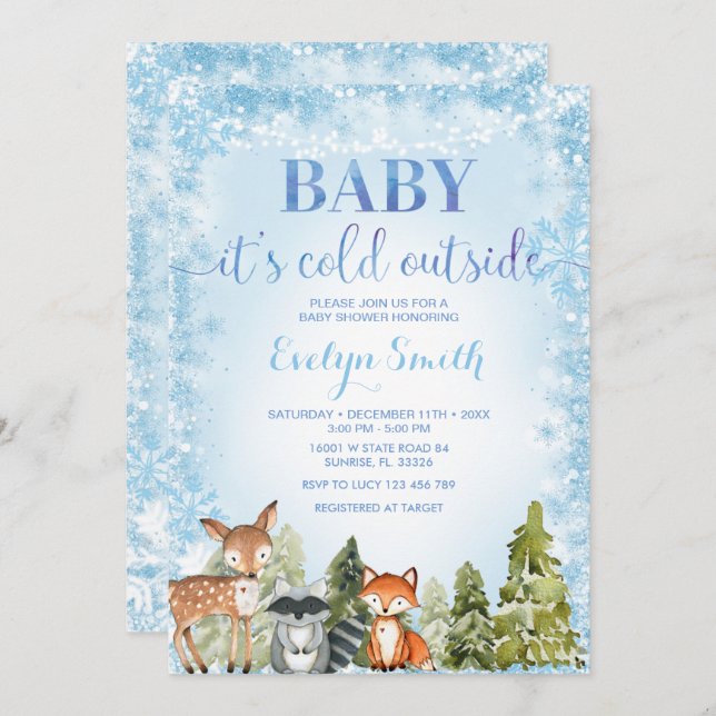 Winter Woodland Snowflake Baby Shower Invitation (Front/Back)