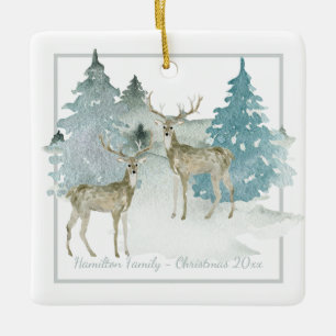 Winter Woodland Stag Deer Personalised Christmas Ceramic Ornament