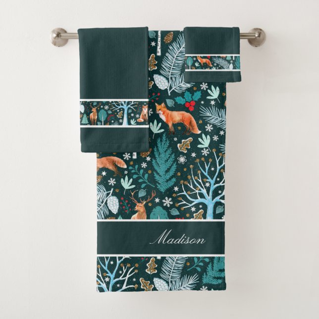 Winter Woodland Teal/Gold ID785 Bath Towel Set (Insitu)