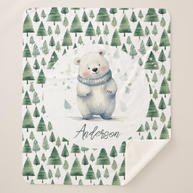 Winter Woodland Teddy Bear Name Sherpa Blanket (Front)