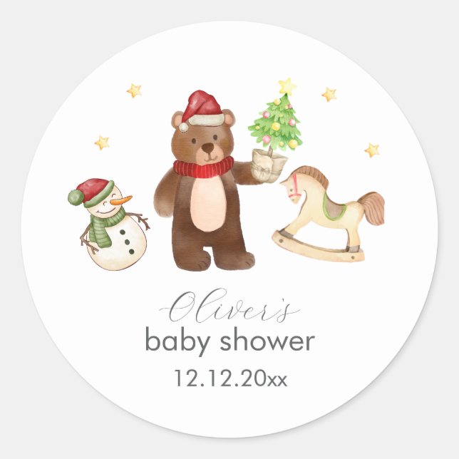 Winter Woodland Teddy Bear Snowman Baby Shower Classic Round Sticker (Front)