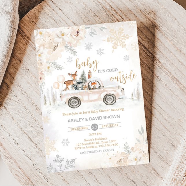 Winter Woodland Truck Baby Shower Invitation (Woodland Winter Truck Baby Shower Invitation)