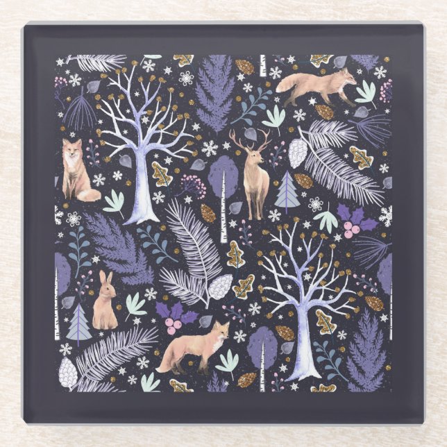 Winter Woodland Violet/Gold ID785 Glass Coaster (Front)