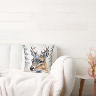Winter Woodland Watercolor Christmas Deer Cushion