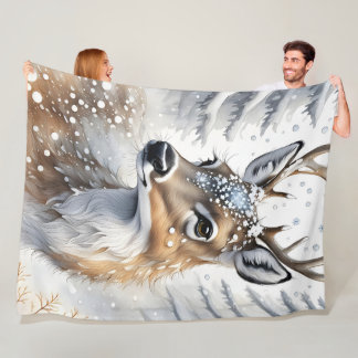 Winter Woodland Watercolor Christmas Deer Fleece Blanket