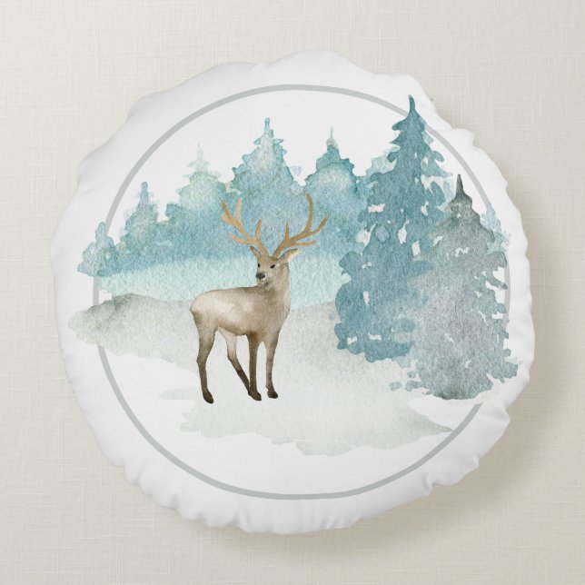 Winter Woodland Watercolor Christmas Deer Round Cushion (Back)