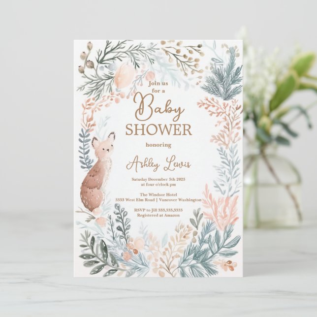 Winter woodland watercolor leaves  invitation (Standing Front)
