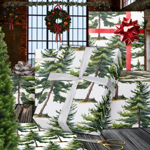 Winter Woodland Watercolour Pine Tree Forest Wrapping Paper