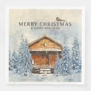 Winter Woodland Winter Cabin Chickadee -Christmas Napkin