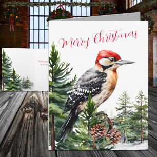 Winter Woodland Woodpecker In A Pine Tree Forest Holiday Card