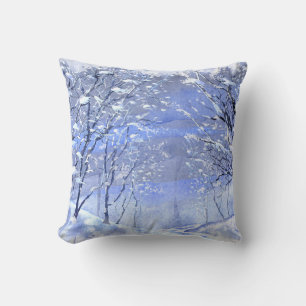 Winter Woods Watercolor Painting Throw Pillow