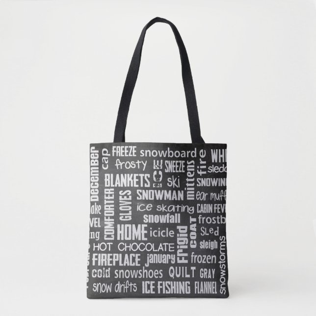 winter word cloud on black chalkboard tote bag (Front)