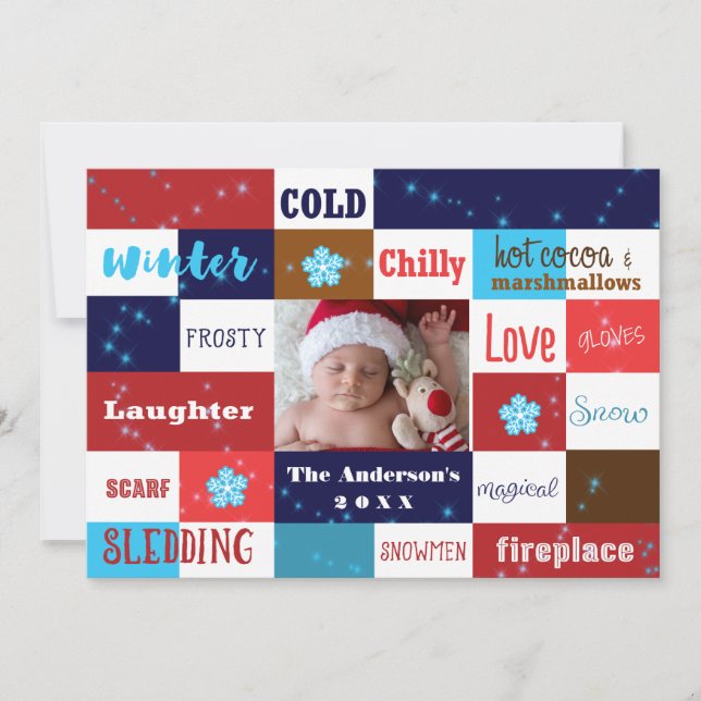 Winter Words Fun Typography Holiday Photo Card (Front)