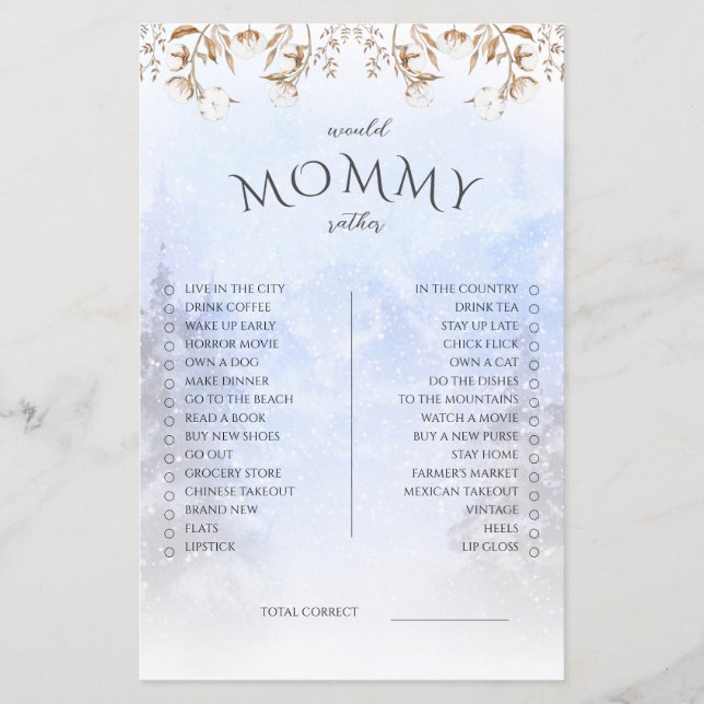 Winter Would Mummy Rather Baby Shower Game (Front)