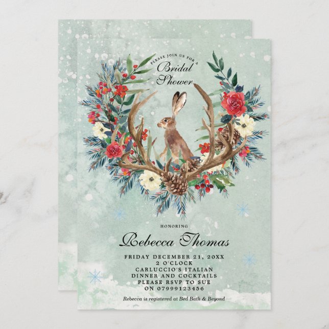 winter wreath and hare bridal shower invitation (Front/Back)