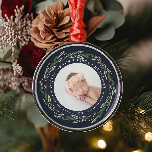 Winter Wreath | Baby's First Christmas Photo Metal Ornament (Creator Uploaded)