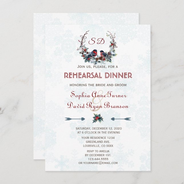 Winter Wreath Berries Bullfinch Rehearsal Dinner Invitation (Front/Back)