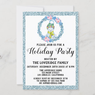 Winter Wreath Christmas Holiday Party Blue Glitter Invitation