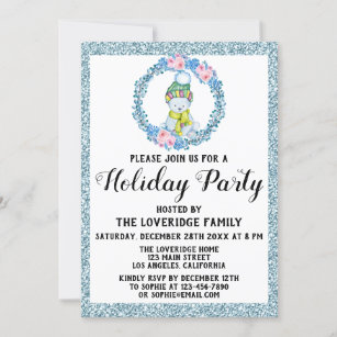 Winter Wreath Christmas Holiday Party Blue Glitter Invitation