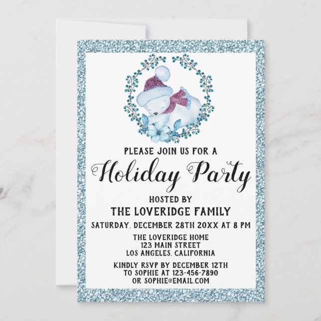 Winter Wreath Christmas Holiday Party Blue Glitter Invitation (Front)