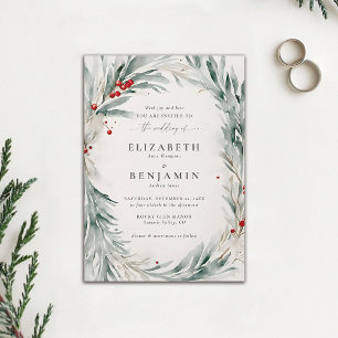 Winter Wreath Christmas Watercolor Elegant Wedding Invitation