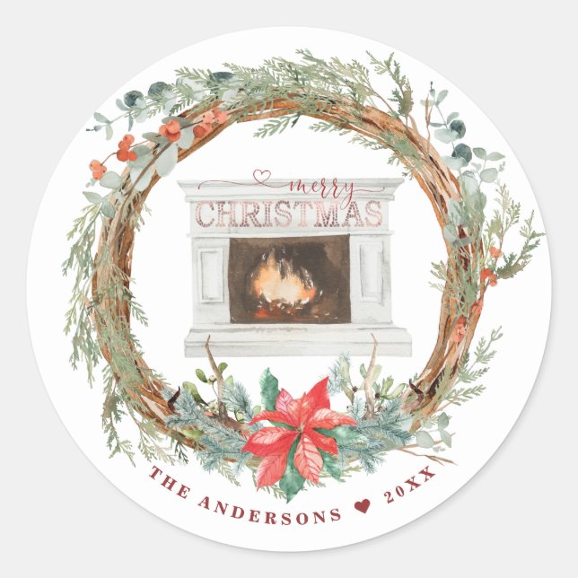 Winter Wreath Cosy Fireplace Merry Christmas Classic Round Sticker (Front)