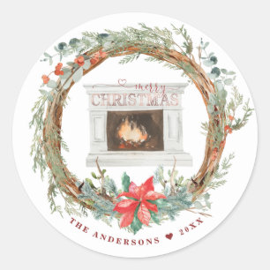 Winter Wreath Cosy Fireplace Merry Christmas Classic Round Sticker