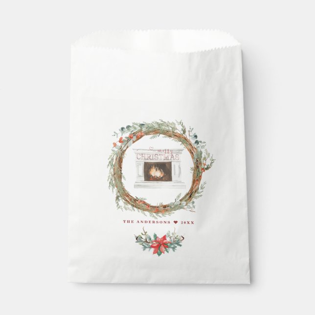 Winter Wreath Cosy Fireplace Merry Christmas Favour Bag (Front)