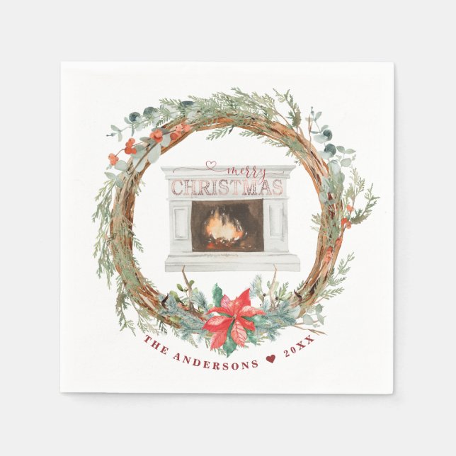 Winter Wreath Cosy Fireplace Merry Christmas Napkin (Front)