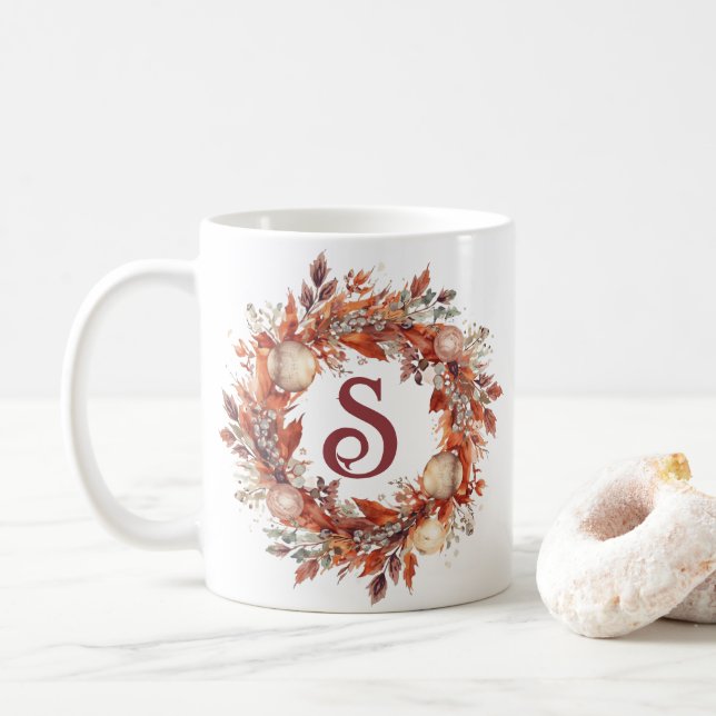 Winter Wreath Custom Initial Coffee Mug (With Donut)