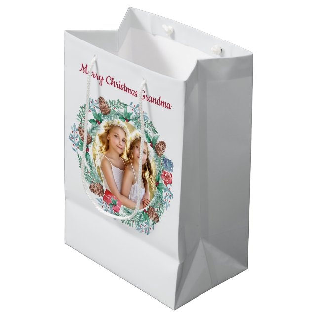 Winter Wreath Custom Message and Christmas Photo Medium Gift Bag (Front Angled)