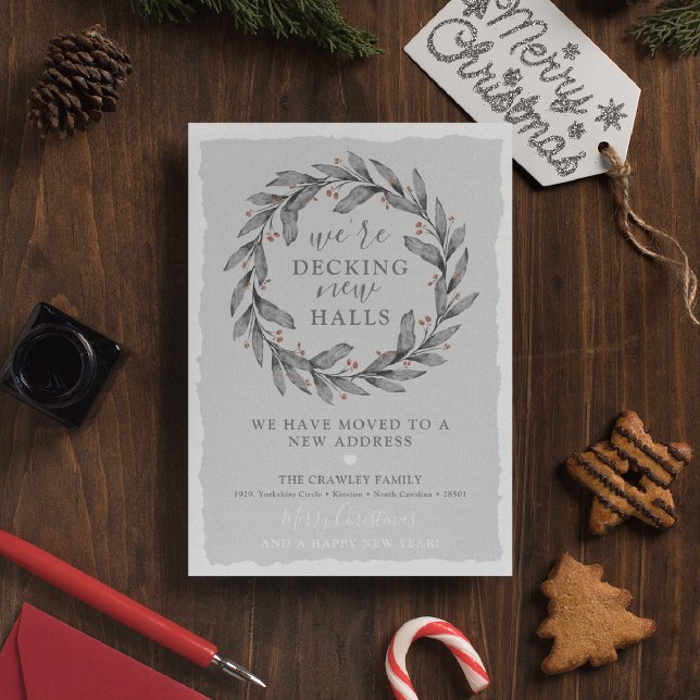 Winter Wreath 'Decking new Halls' New Address Announcement Postcard (Creator Uploaded)