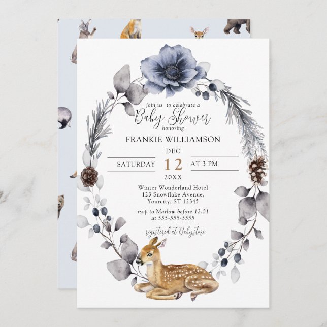 Winter Wreath Deer Woodland Baby Shower Invitation (Front/Back)