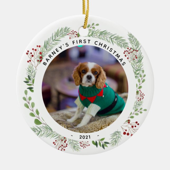 Winter Wreath Dog's Photo Christmas Ceramic Ornament (Front)