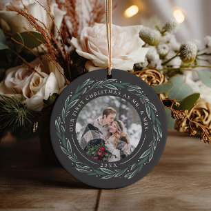 Winter Wreath   First Married Christmas Photo Ceramic Ornament