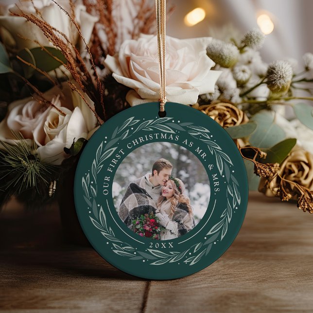 Winter Wreath | First Married Christmas Photo Ceramic Ornament (Creator Uploaded)
