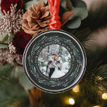 Winter Wreath | First Married Christmas Photo Metal Ornament<br><div class="desc">A perfect gift for newlyweds, this elegant Christmas ornament features a treasured wedding photo encircled by a wreath of dark green leaves and white berries. "Our first Christmas as Mr. & Mrs." curves over the top of the photo, with the year beneath. Customise with a wedding photo to create a...</div>