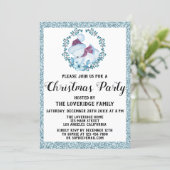 Winter Wreath Holiday Christmas Party Blue Glitter Invitation (Standing Front)