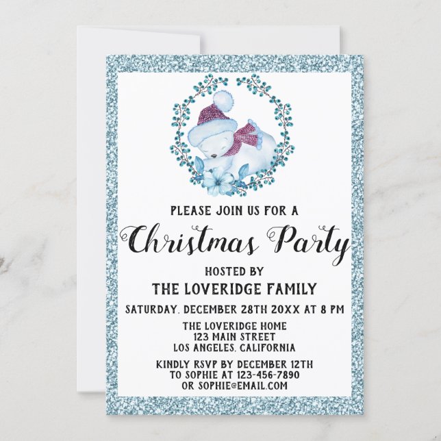 Winter Wreath Holiday Christmas Party Blue Glitter Invitation (Front)