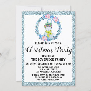 Winter Wreath Holiday Christmas Party Blue Glitter Invitation