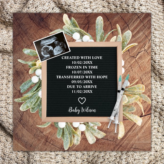 Winter Wreath Letter Board Sonogram IVF Preganancy Announcement (ivf pregnancy announcement card winter wreath ultrasound photo sonogram)