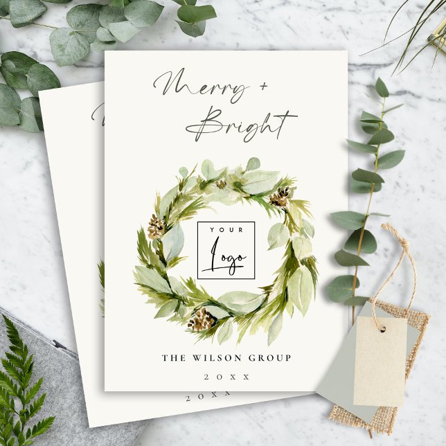 Winter Wreath Merry & Bright Christmas Logo Holiday Card (Creator Uploaded)