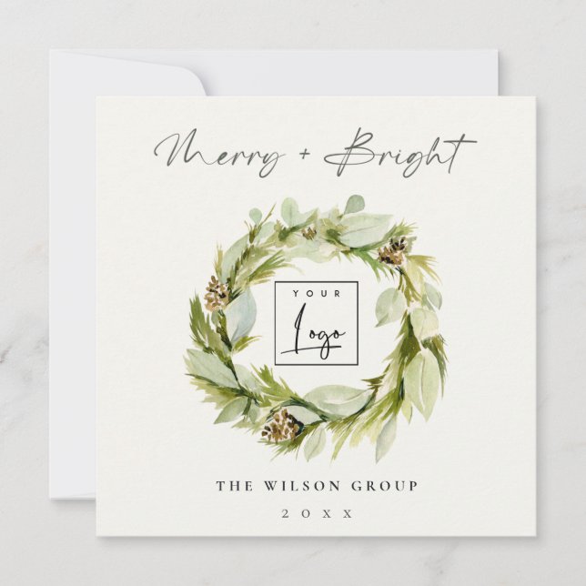 Winter Wreath Merry & Bright Christmas Logo Holiday Card (Front)